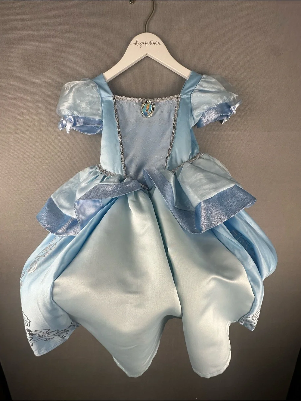 Cinderella Princess Costume Dress Girls Blue Satin Puff Sleeve Sparkle